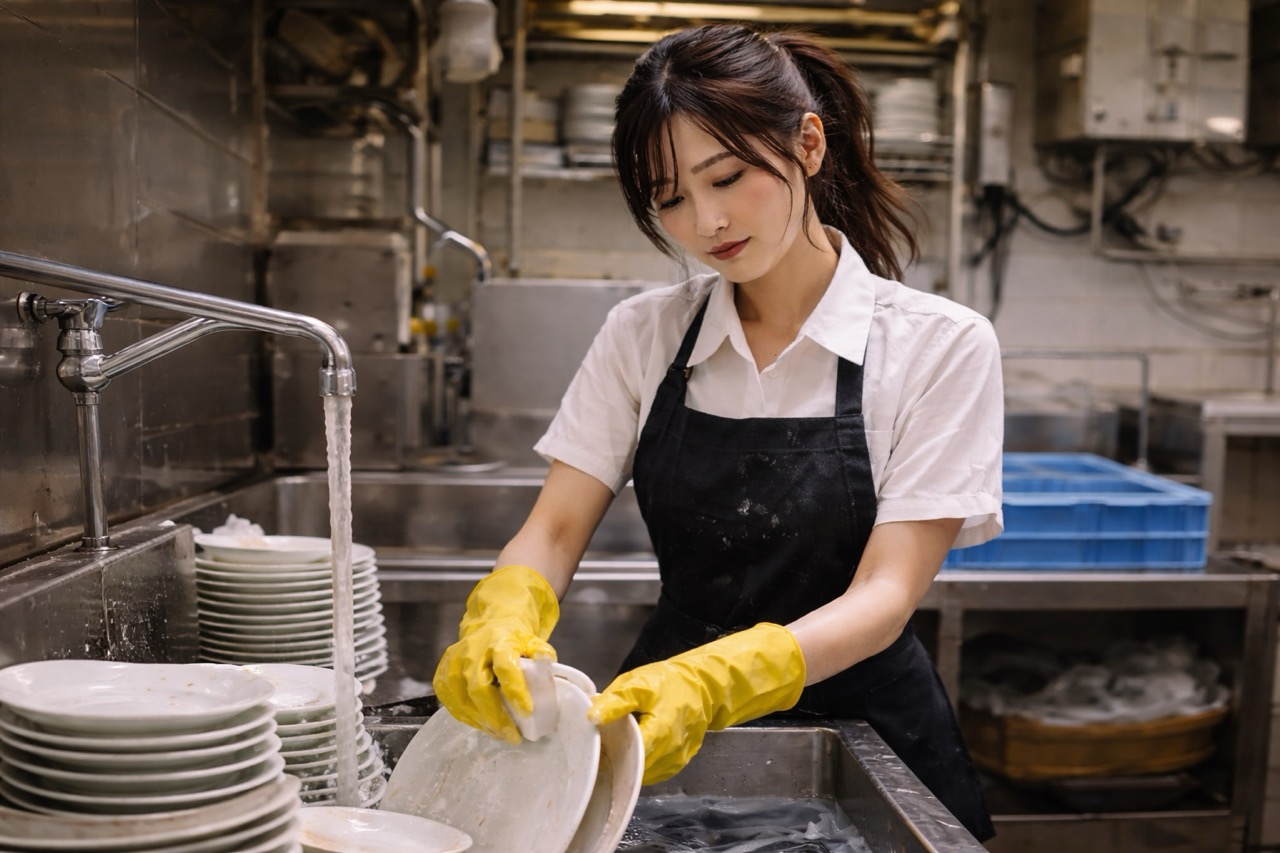 Young woman washing dishes in a commercial kitchen late in a shift